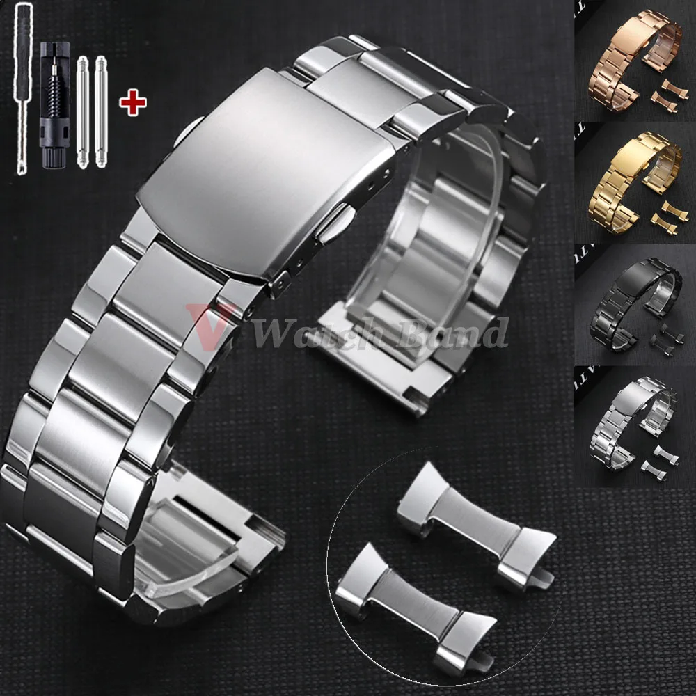 

Curved End Stainless Steel Watch Bands 18mm 20mm 22mm Men Business Watch Strap Folding Buckle Replacement Bracelet WatchbeltS