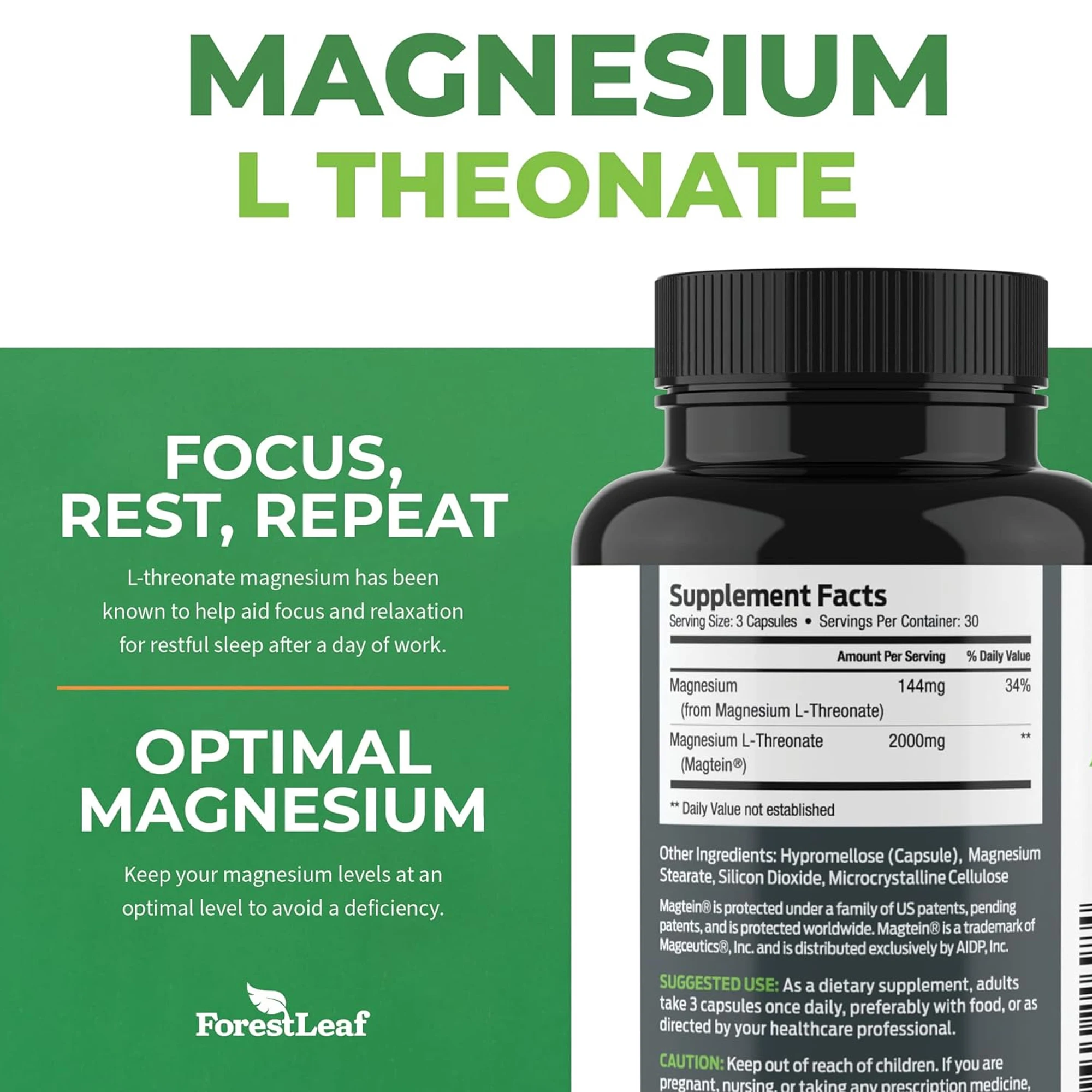 Magnesium L-Threonate 2000mg - Supports Cognitive Health, Muscle and Bone Function, Enhances Memory and Concentration, Non-GMO