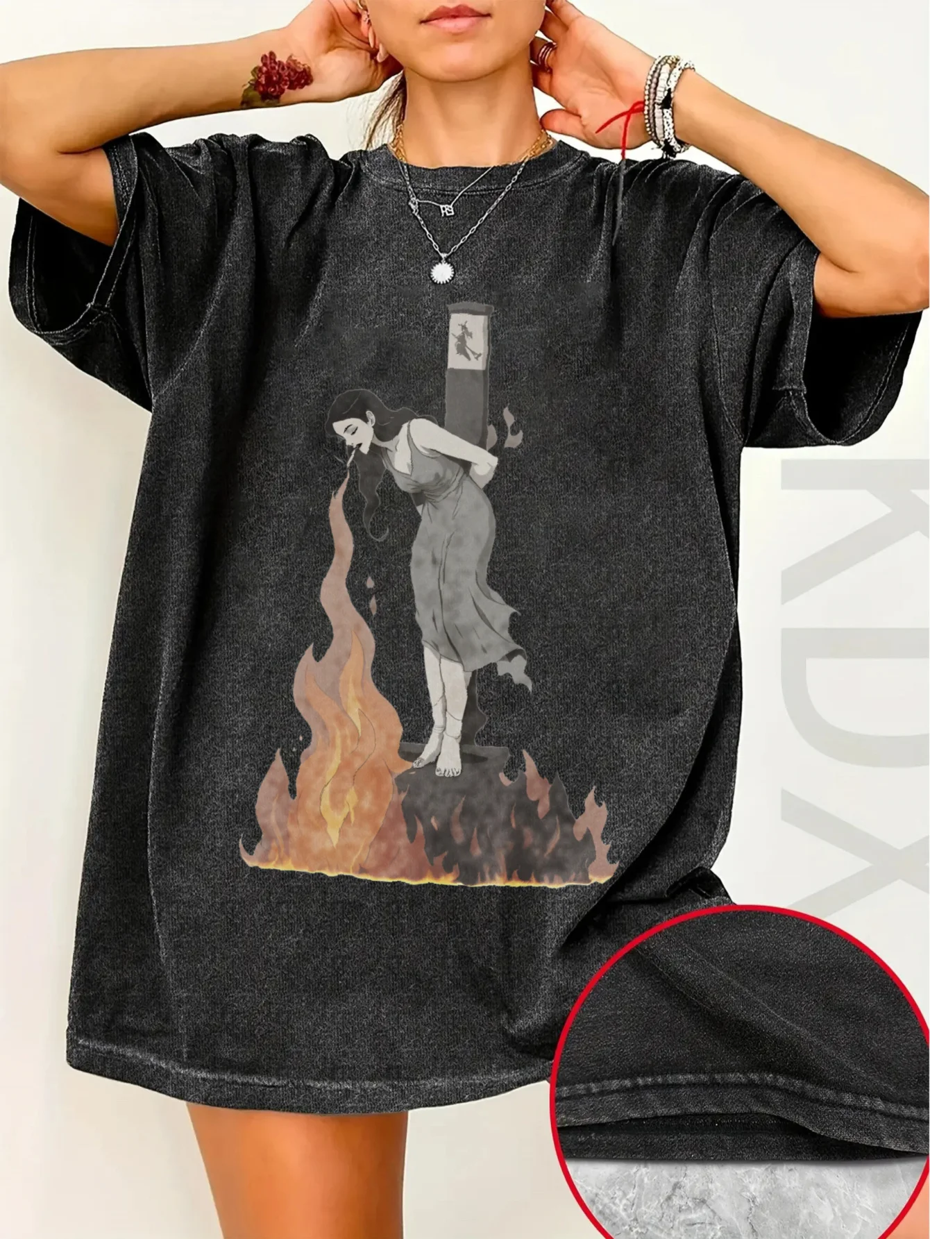 Vintage Charcoal Gray Unisex Oversize T-shirt Featuring A Gothic Graphic of A Woman Standing Near A Fire