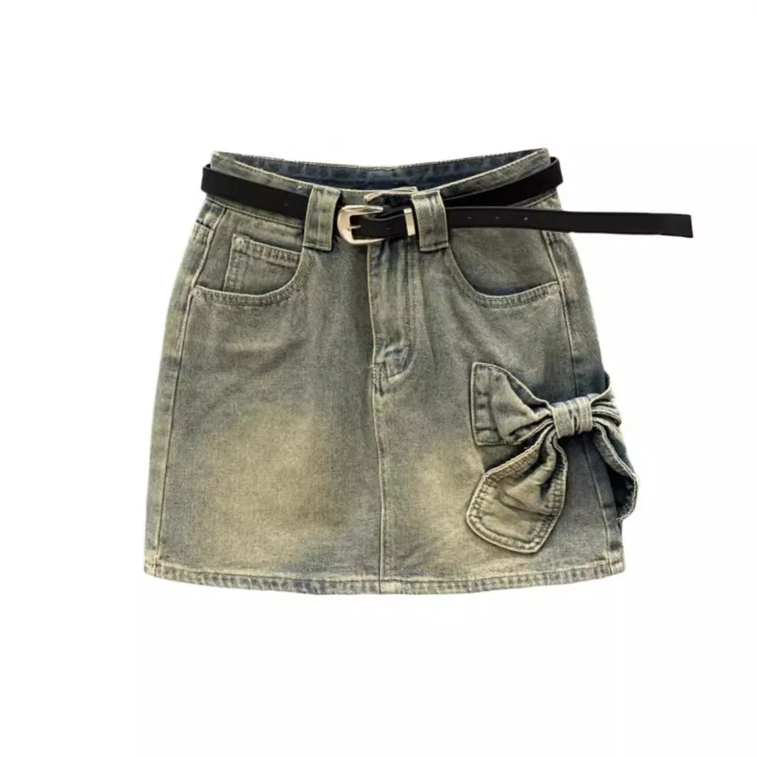 [Zoci] Blue Bow Denim Frauen 2024 Sommer neue High Taille Mädchen A-Linie Hüfte umarmen kurzen Rock