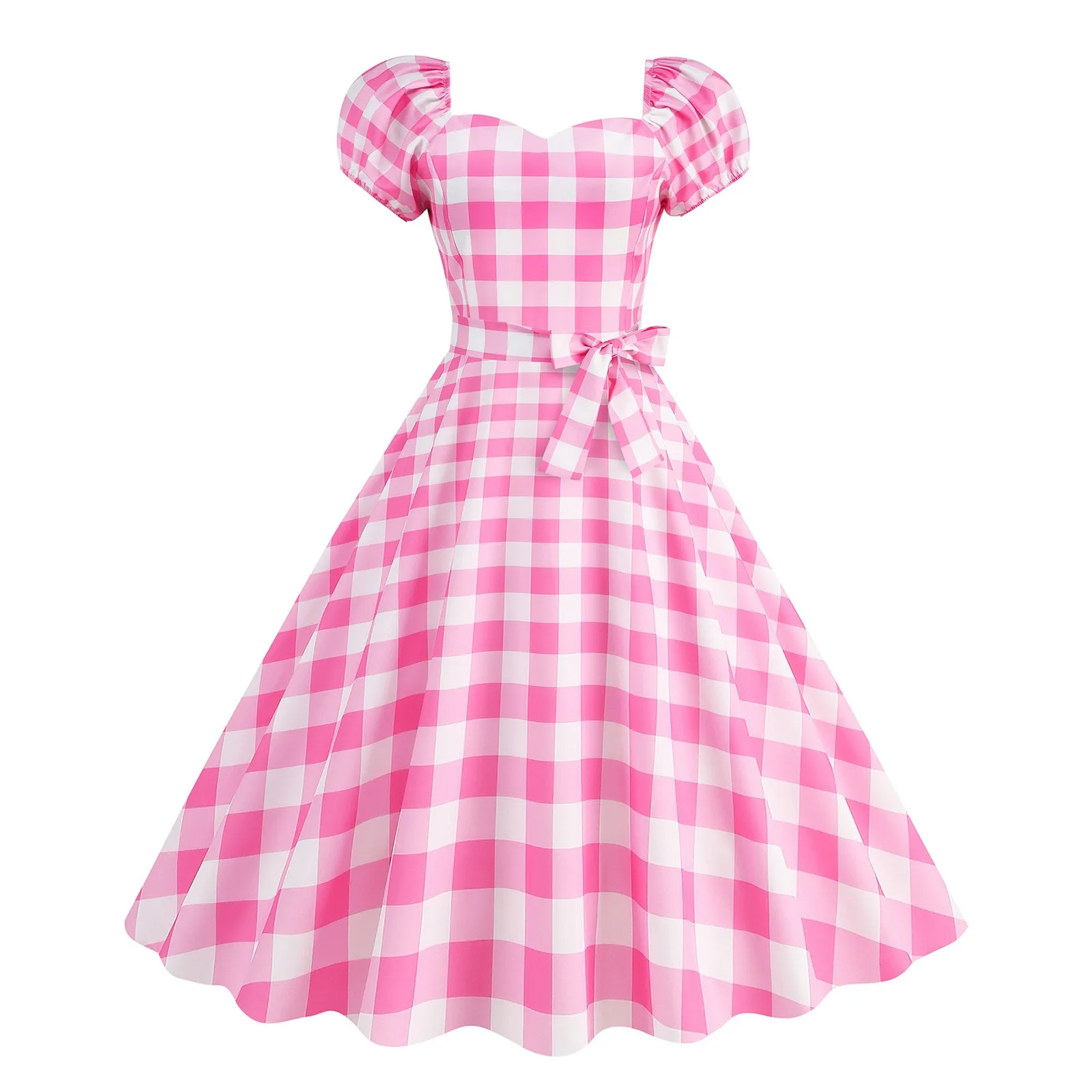 Women's Vintage Dress Sexy Retro Pink Plaid Suspender Gown Christmas Party Clothes Robe Femme High-Waisted Dress