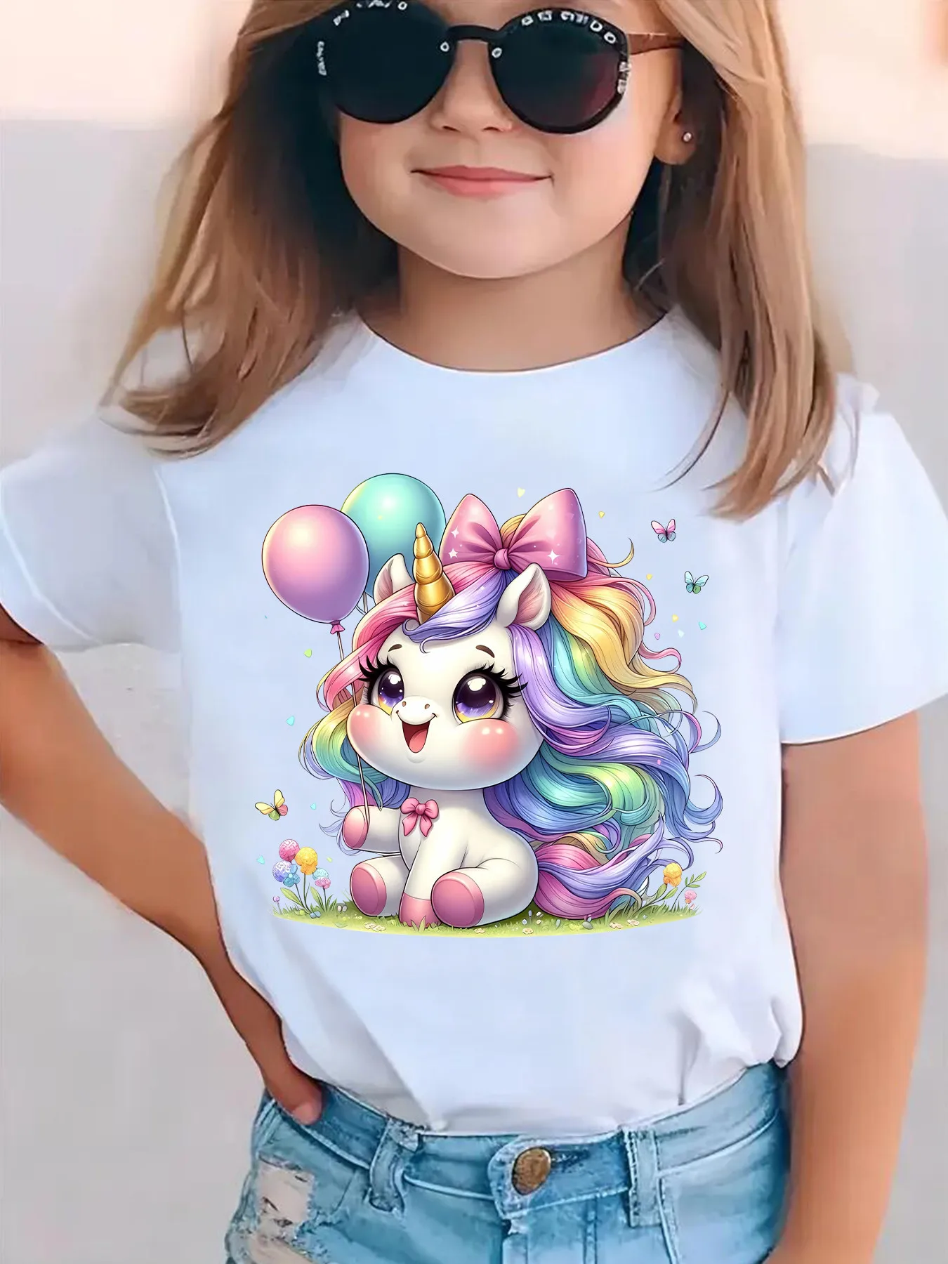 Rainbow Baby Unicorn Bow Balloon Floral Print Family Matching Cotton Tees Short Sleeve Tops For Mom Dad Boys Girls Daily Wear