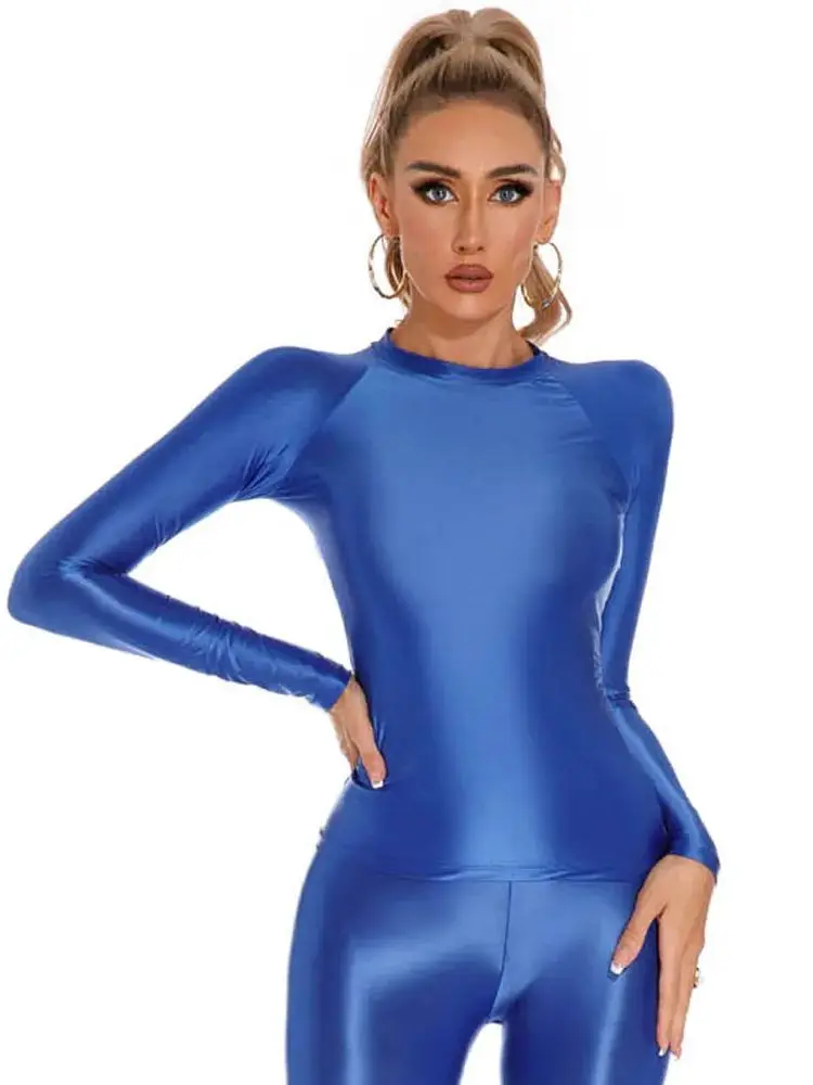 Glossy Shiny Elasitc Long Sleeve Shirt Women Fitness Gym Athletic Yoga Tshirt Tights Hot Sexy Tees Casual Crop Tops Bustier Top