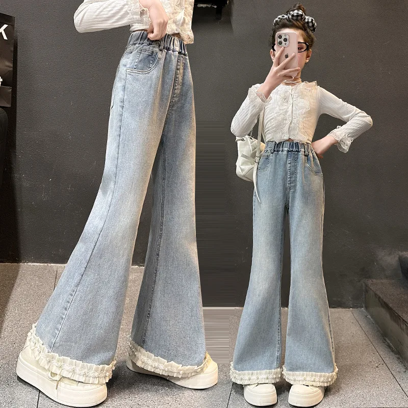 

Teens Girls Jeans Vintage Boot Cut Jeans For Girl Slim Large lace Denim Pants Kids High Elastic Autumn Novelty Retro Jeans