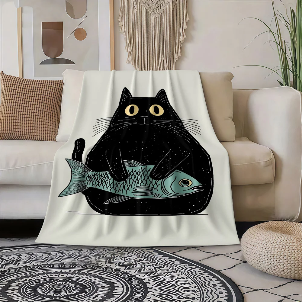 1pc Cat & Fish Flannel Blanket - Soft All-Season Cozy Throw with Cat & Fish Design, & Modern Home Decor for Bed, Sofa, Camping