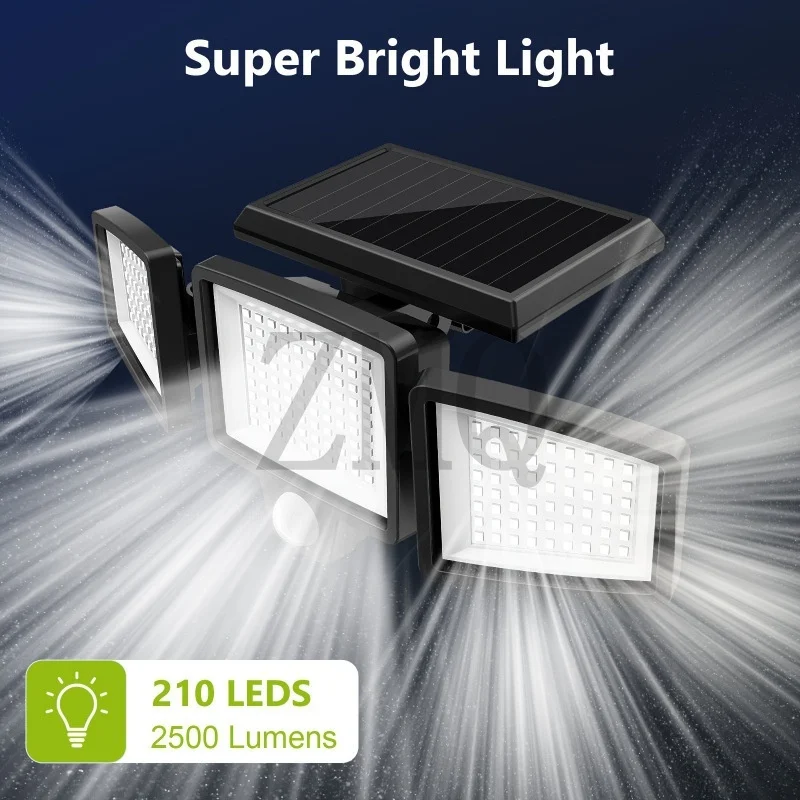 

Солнечные уличные светильники с дистанционным управлением, 3 головки, датчик движения, IP65 водонепроницаемые, широкий угол освещения 270°, настенные прожекторы с 3 режимами