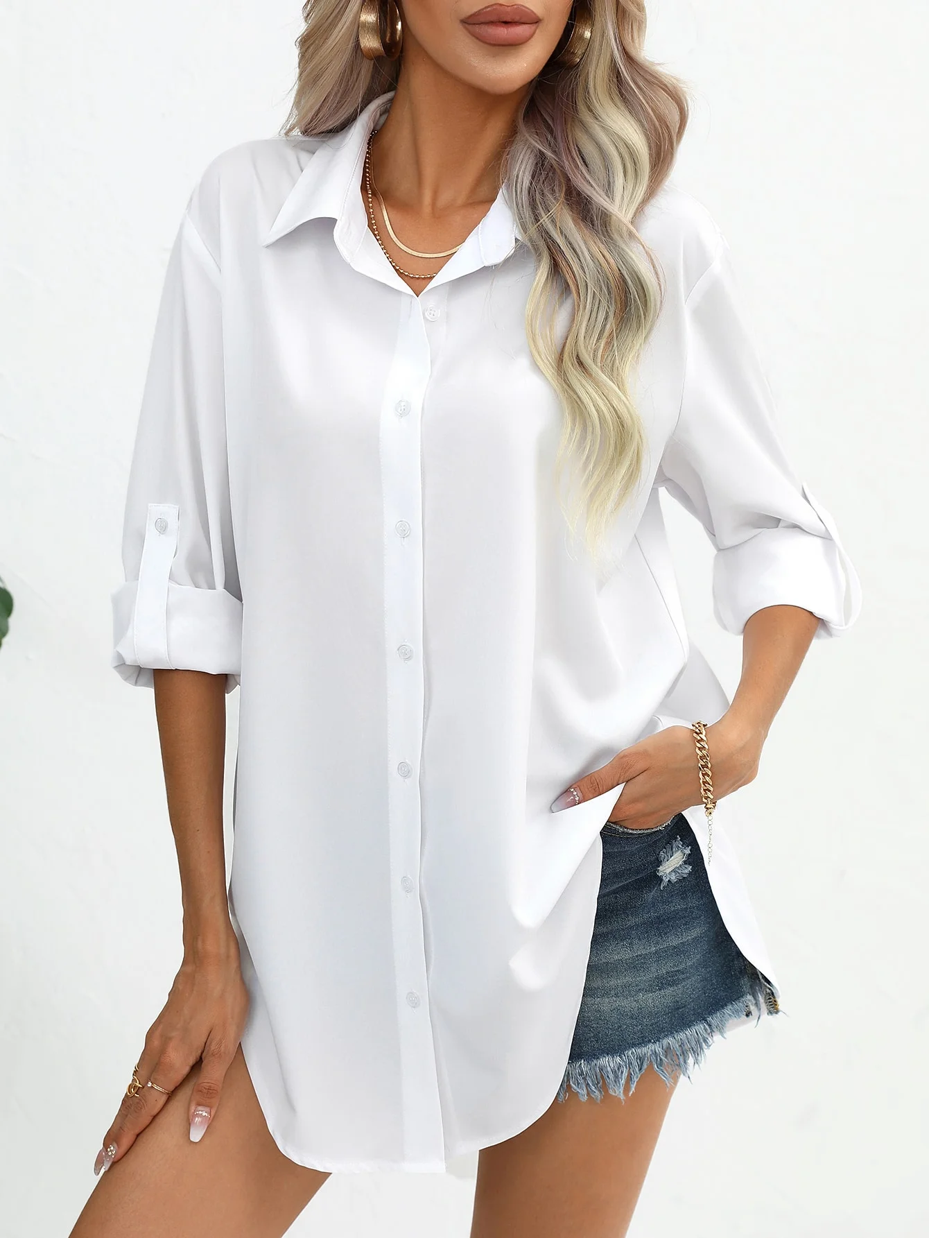 

European-style new trendy casual loose pure-color long-sleeved shirt top