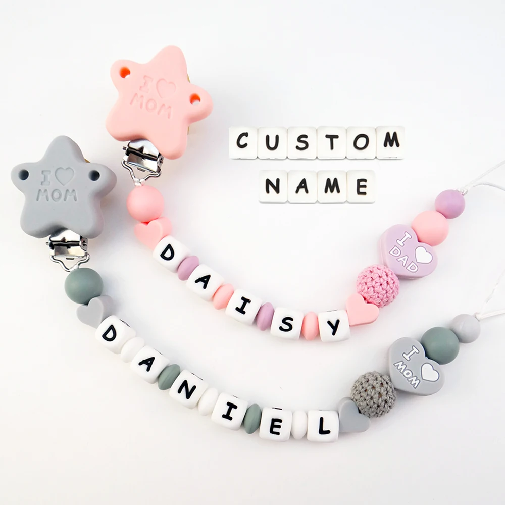 Personalized Name Pacifier Clip I LOVE DAD/MOM Safe Teething Dummy Chain Eco-friendly Nipple Holder Attachment Baby Shower Gifts