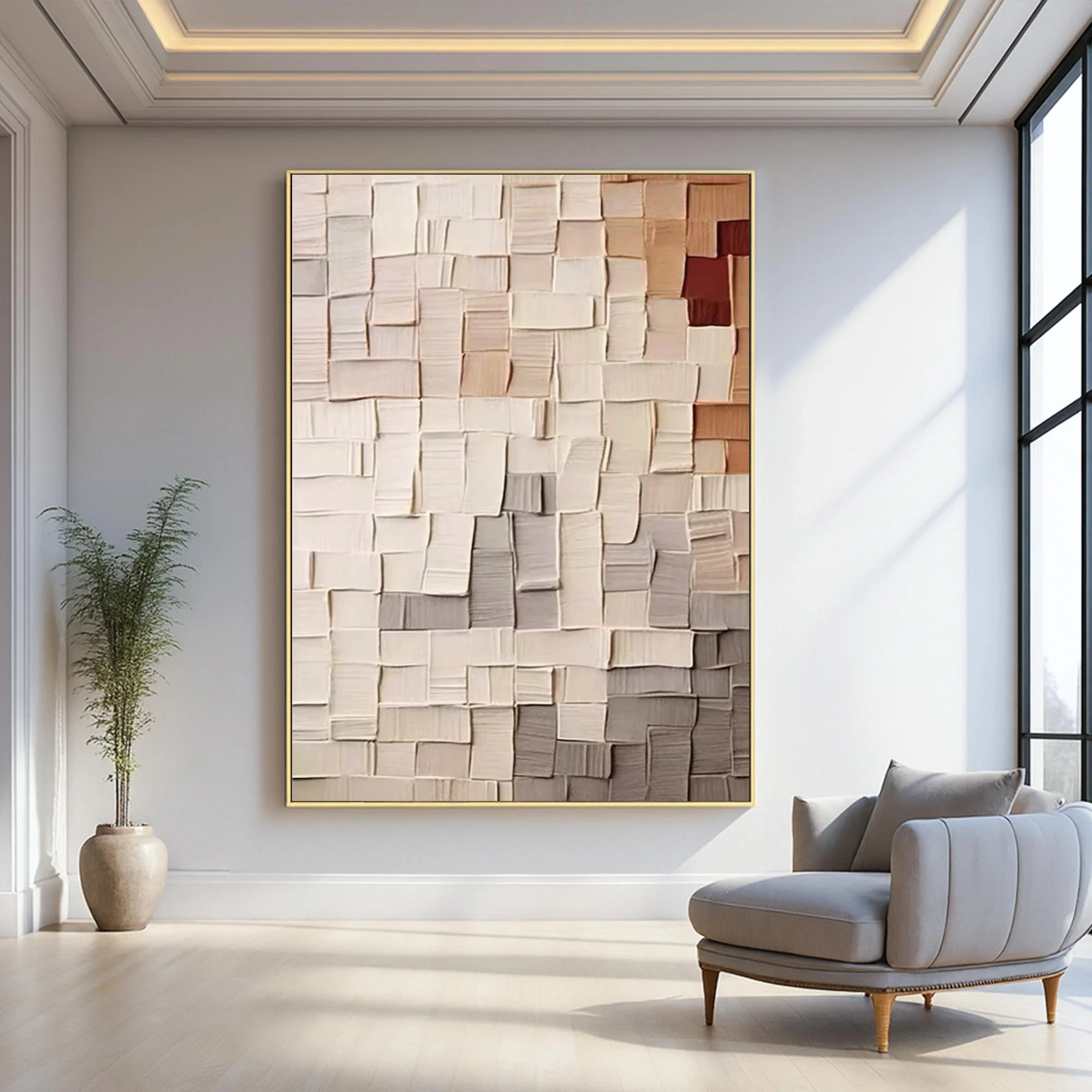Textured Neutral Wall Art: 3D Geometric Beige Painting, Japandi Style