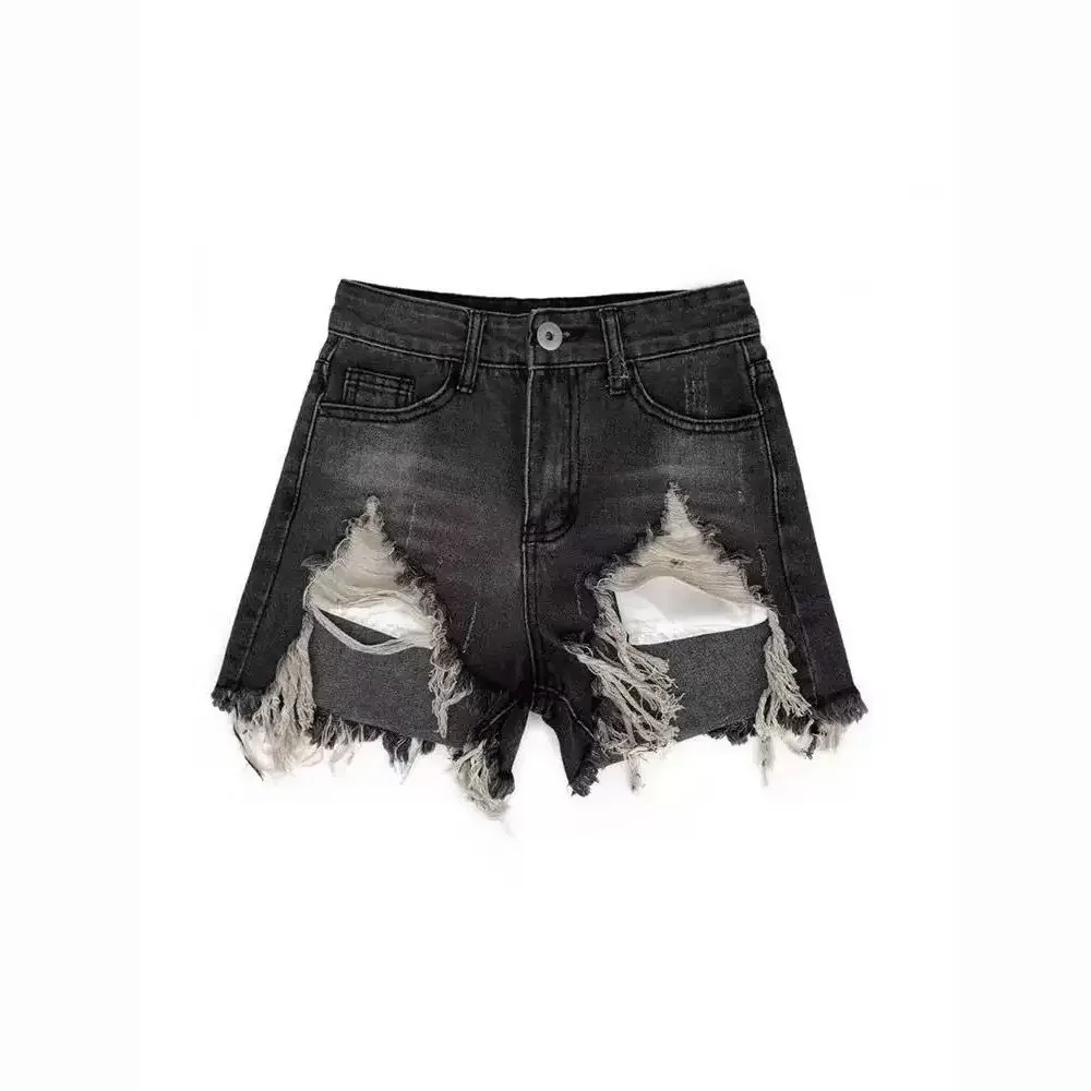 Zerrissene Denim-Shorts zum Waschen für Damen American High Street Schwarz Grau