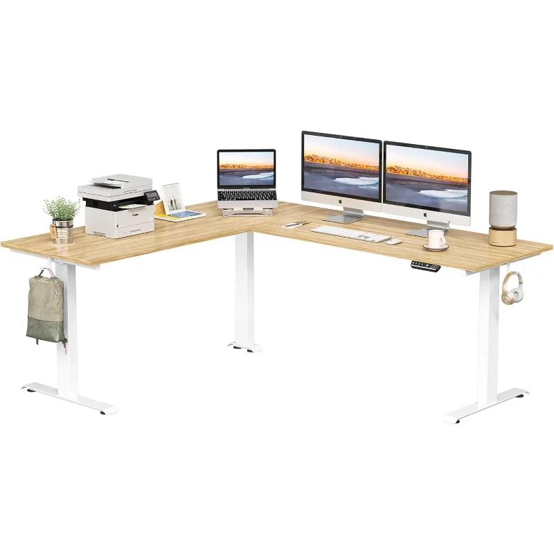 Triple Motor L-Shaped Electric Standing Desk  Height Adjustable Stand Up Corner Desk White Frame/Light Walnut Top