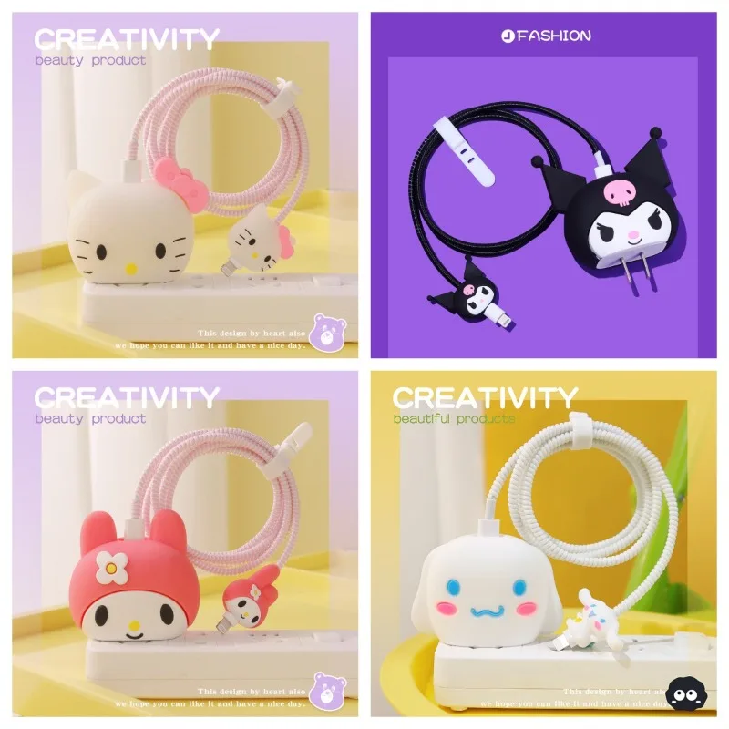 

Hello Kitty Cartoon Data Cable Protective Cover Fast Charging Head Winder Children Toy Kawaii Anime Women Accessories Wholesale