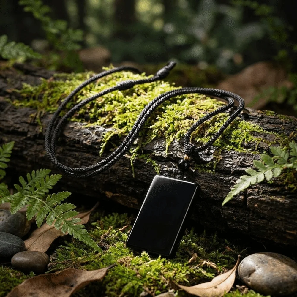 Obsidian Amulet Pendant Smooth Square Natural Stone Peace Necklace Lightweight Chic Calming Stone Jewelry Good Charm