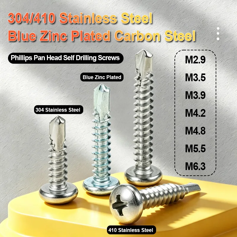 304 410 Stainless Steel Blue Zinc Plated Pan Head Self Drilling Screws M2.9-M6.3 Multi Length For Metal Roof Sheet Diy Fixing