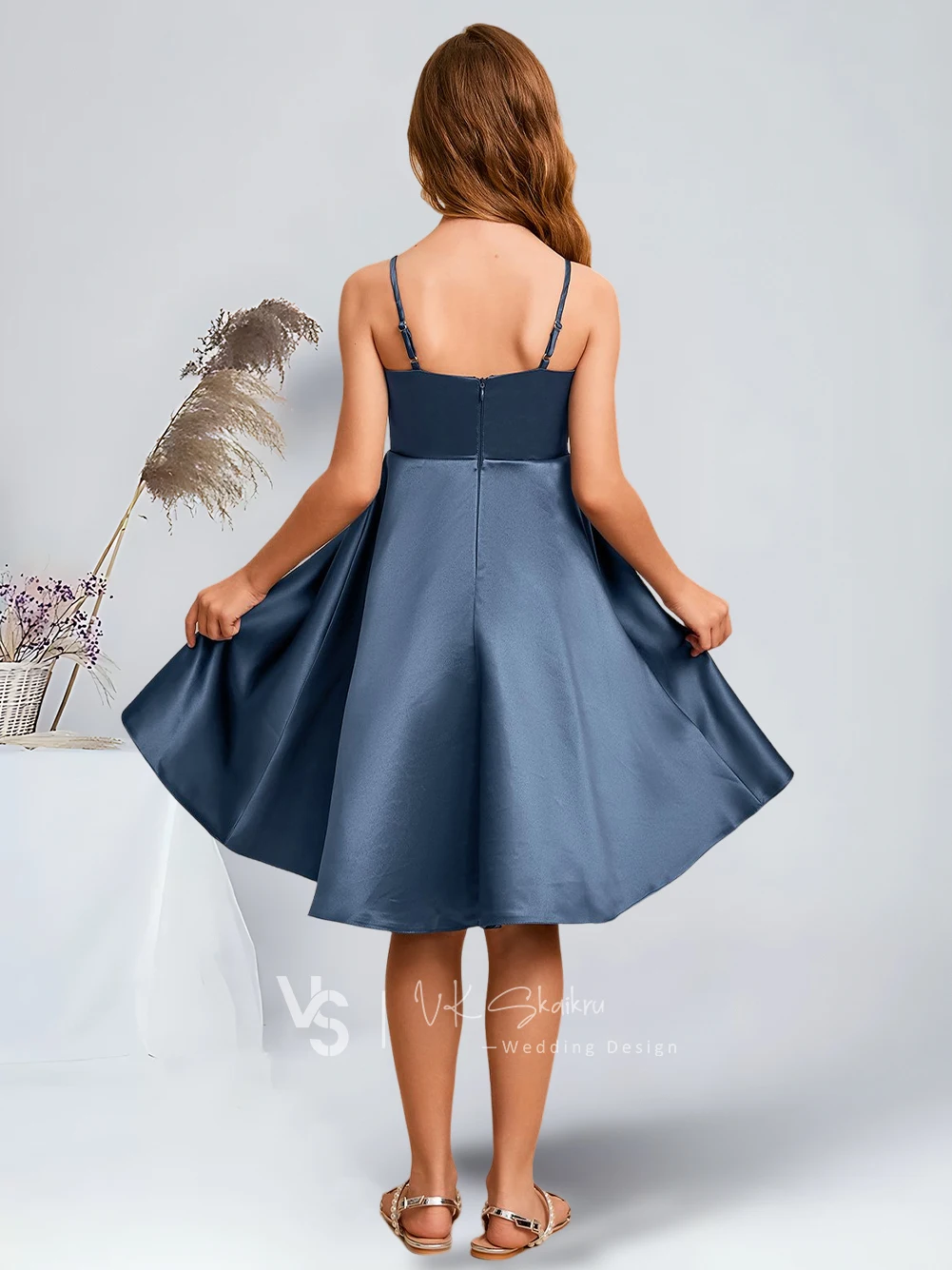 Elegant A-Line Scoop Knee-Length Satin Junior Bridesmaid Dresses Navy Blue Lovely Flower Girl Dresses Party Wedding Homecoming