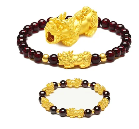 

24k pure gold pixiu charms hand strings 999 real gold balls bracelet diy bracelets garnet beads 17-23cm