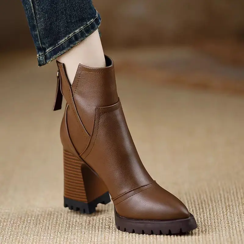 Women Fashion Ankle Boots British Style Pointed Toe High-heeled Shoes Women's Back Zipper Short Modern Boots Botines De Mujer