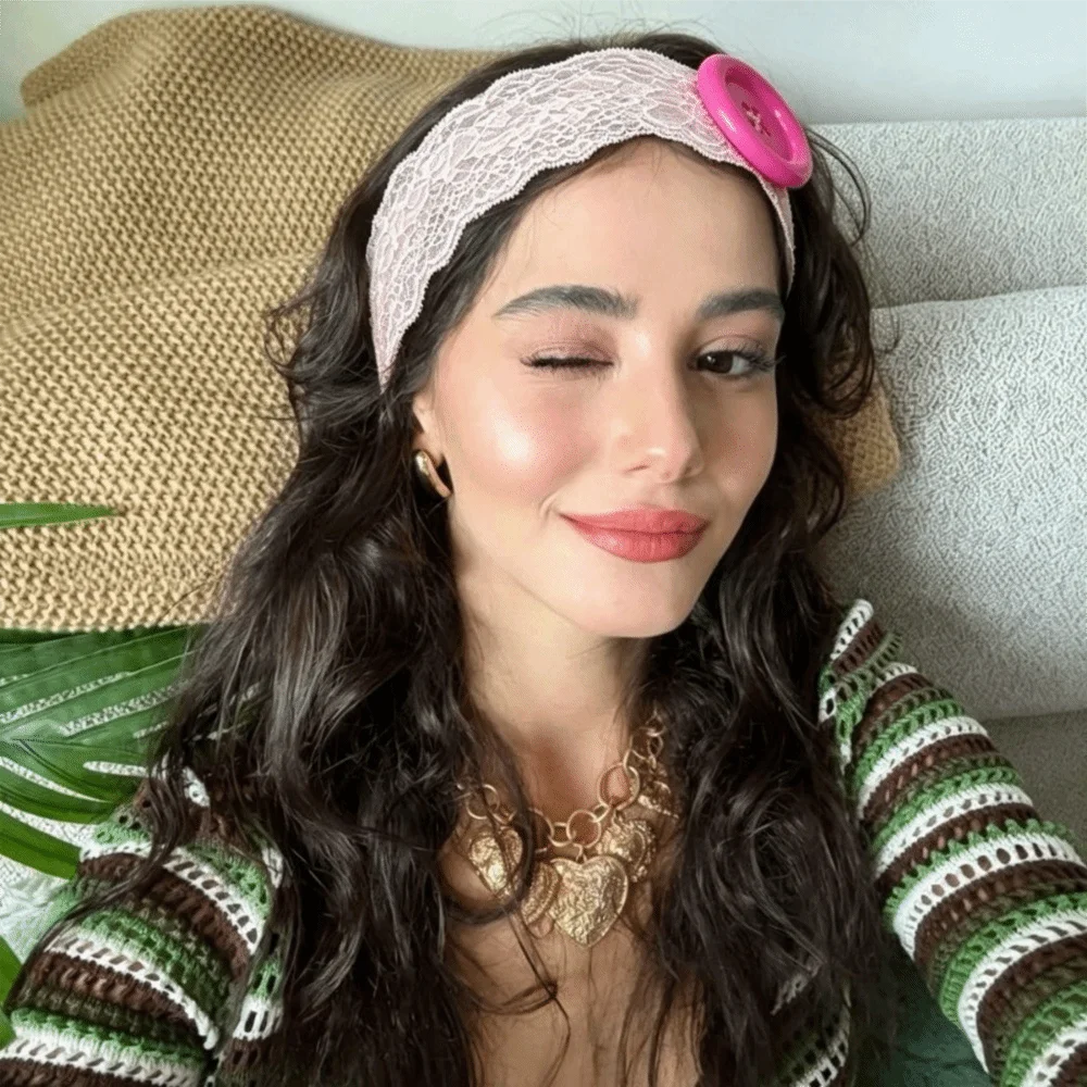 Hollow-Out Lace Floral Headbands Korean Style Street Style Button Headwrap Breathable Oversized Mesh Elastic Hair Bands Women