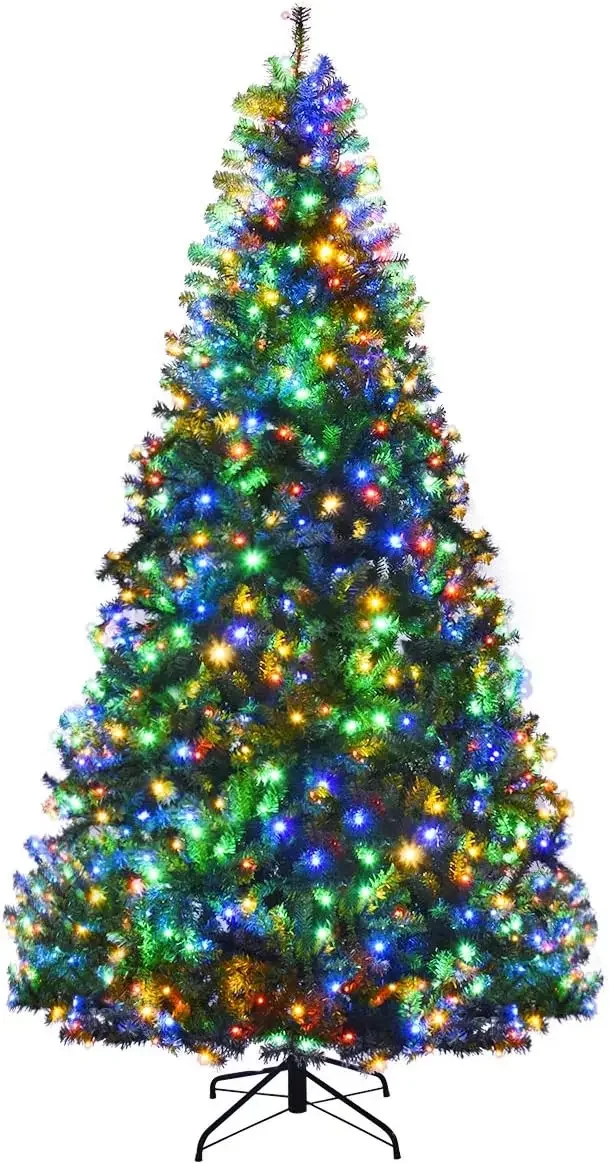 8FT Pre-Lit Artificial Christmas Tree Auto-Spread/Close up Branches 11 Flash Modes with Multicolored 750 LED Lights & Met