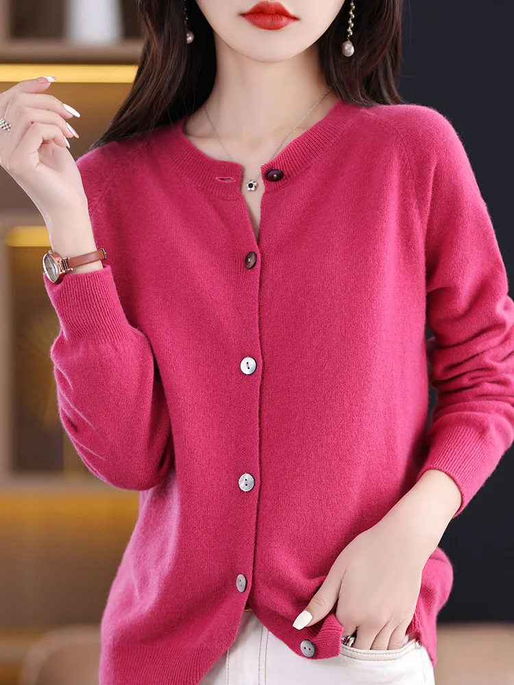 New Chic 100% Merino Wool Sweater Women's Basic O-neck Cardigan Soft Grace Knitwear Coat Spring Autumn Female Wool Clothes Tops