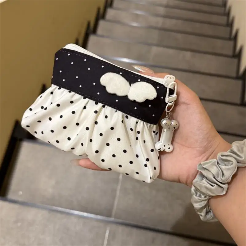 Cute Polka Dot Zipper Pouch With 3D Wing Decor Lightweight Cosmetic Storage Bag Small Coin Purse Mini Earphone Keys Organizer