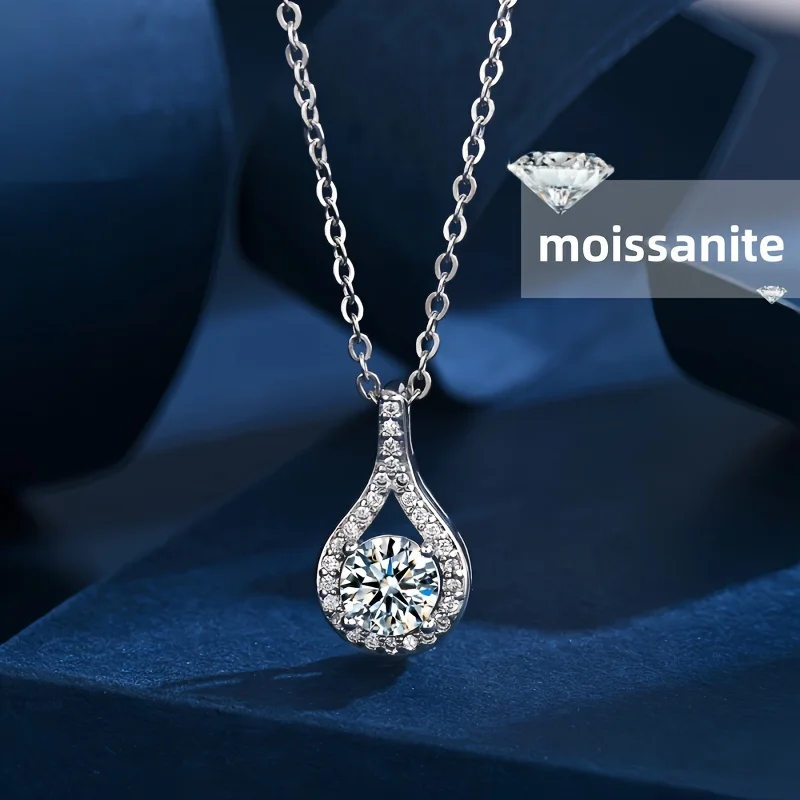 S925 Sterling Silver 1-2 CT Teardrop Moissanite Pendant Necklace, Multi-Stone Elegant Chic Designer Jewelry, Luxury Minimalist Present with Gift Box for Women for Birthday, Christmas, Party Gifts