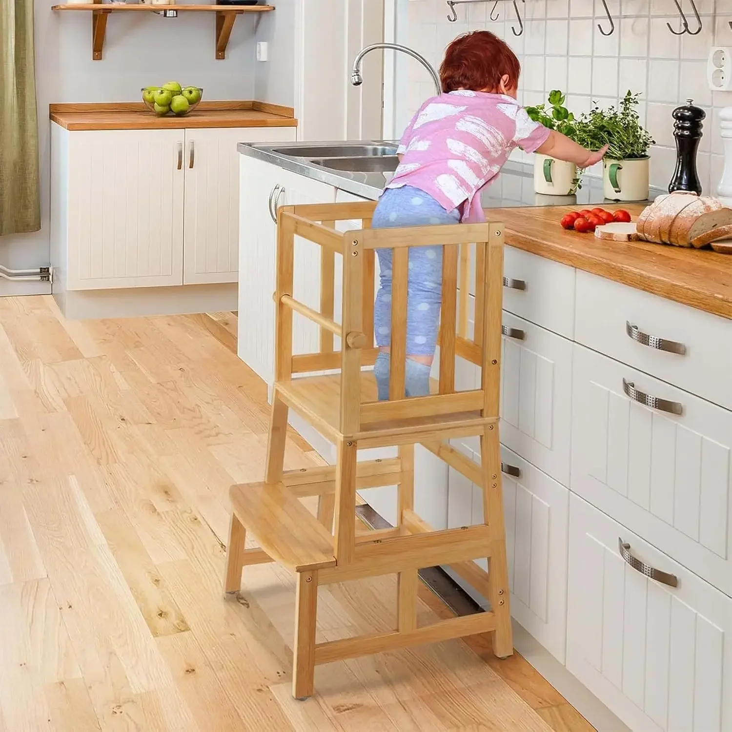 

Kids Kitchen Step Stool，Toddler Standing Tower with CPC Certification, Removable Anti-Drop Railing Safety Rail Enjoys Unique