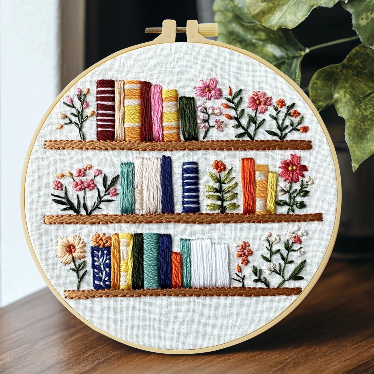1 Embroidery Kit, 20x20cm/7.9x7.9 Inches, Bookshelf, Handmade DIY Embroidery Kit, Suitable for Both Adults and Beginners, Includ