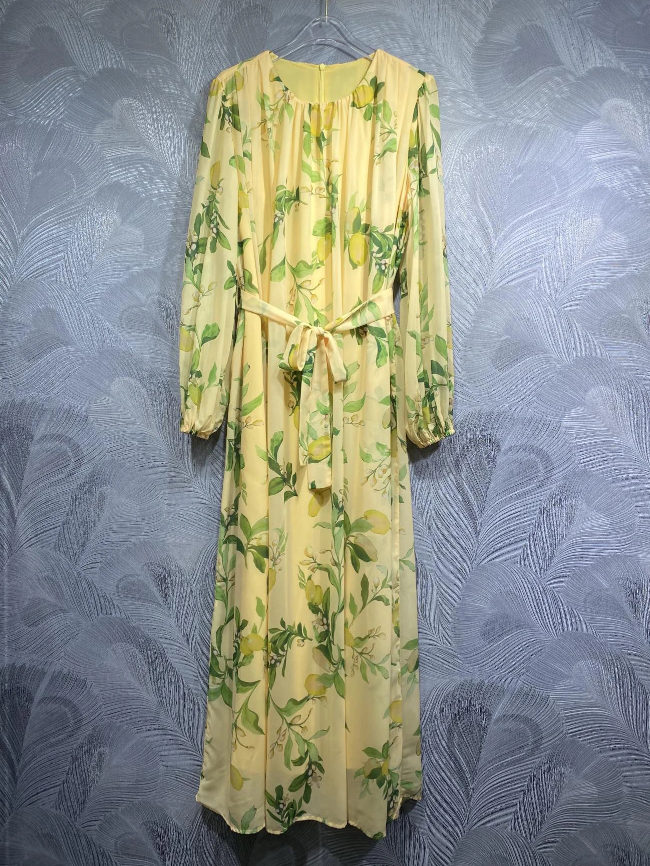 

SEQINYY Elegant Long Dress Chiffon Summer Spring New Fashion Design Women Runway Lemon Leaf Print Vintage Yellow Loose Belt