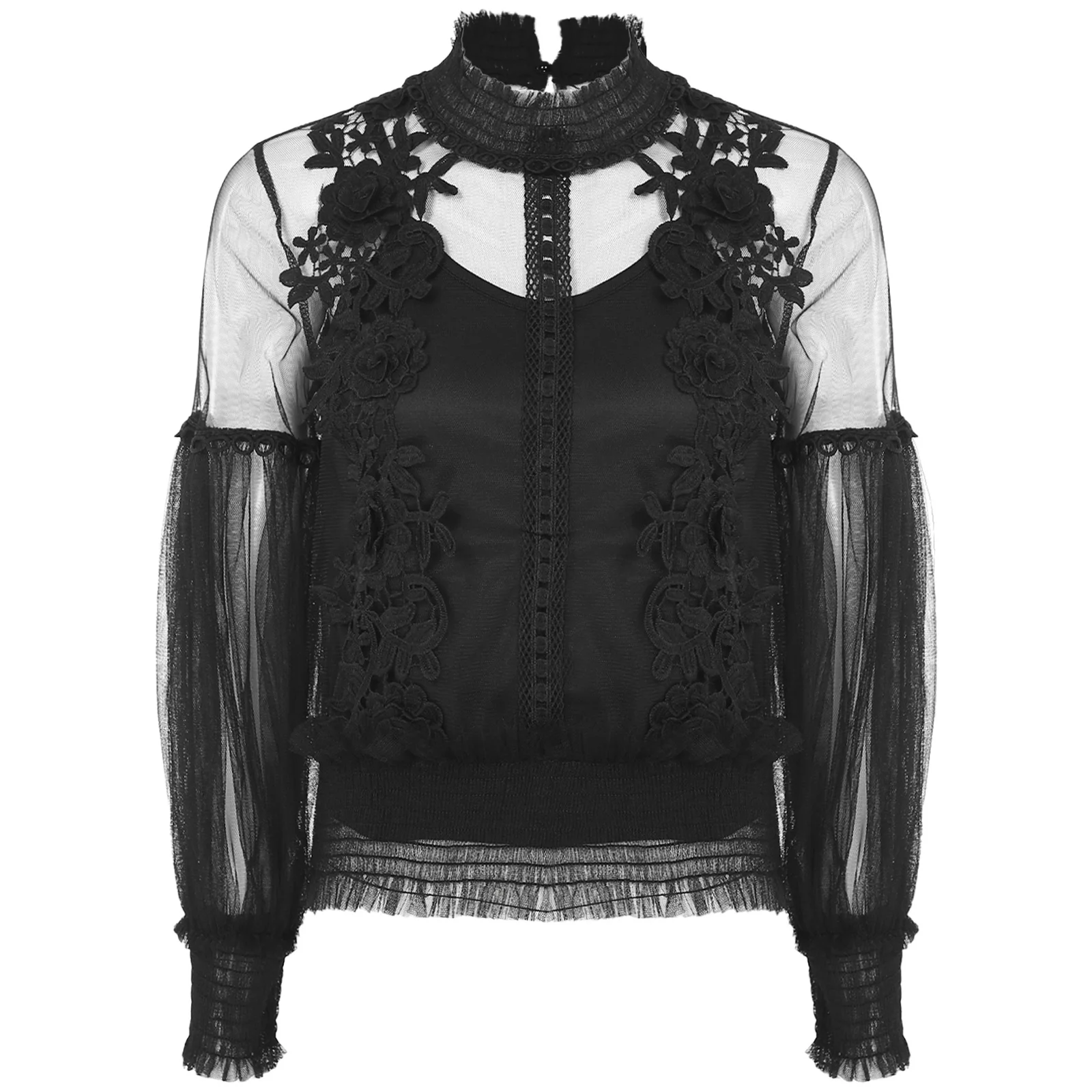 

Women Fake Two-piece Shirts Tops Fashion Lantern Sleeves Lace Applique See-Through Mesh Blouse with Spaghetti Straps Vest