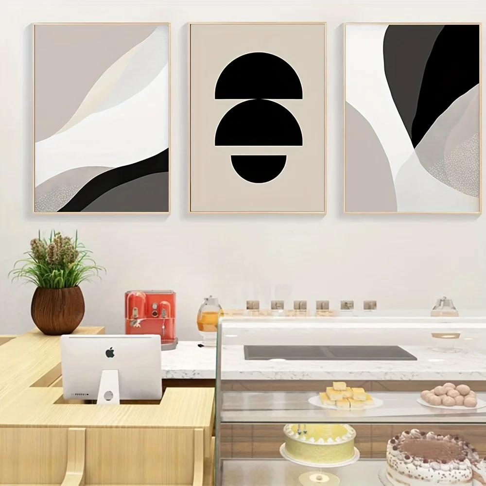 2D Flat, 2D Flat 3pcs Unframed Piece Premium Poster Set Black Beige Abstract Art Pictures Boho Decorative Wall Decoration for