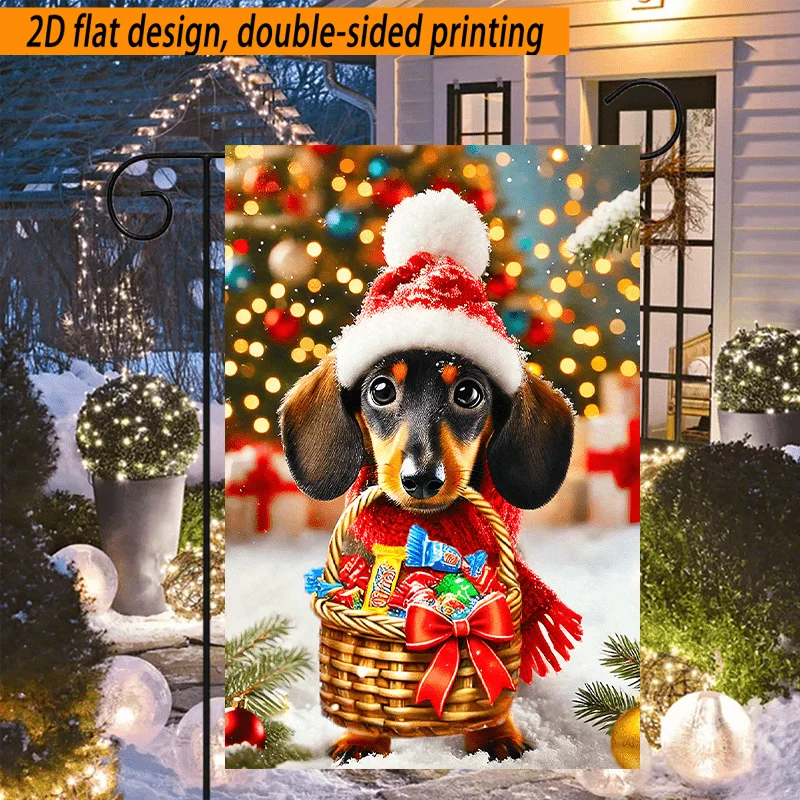 2D Flat, 2D Flat Design, Double-sided Printing 2D Flat Design, Double-sided Printing 1pc, Double-sided Christmas Garden Flag- 2D Flat Design Featuring a Dachshund Wearing a Christmas Hat, Suitable for Outdoor Decoration in Winter, Ideal for Yard