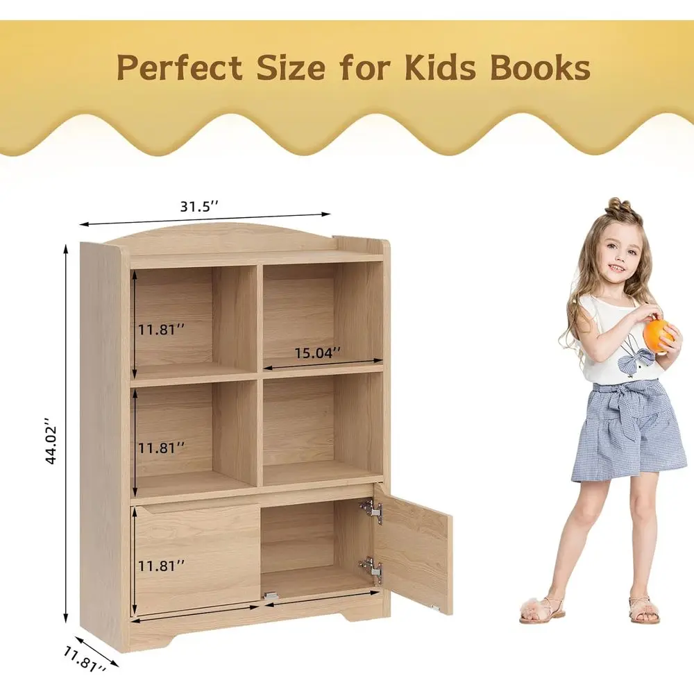 رف كتب للأطفال ومنظم ألعاب، رف كتب للأطفال من طبقتين لغرف الأطفال مع بابين، منظم تخزين 4 مكعبات، بوو خشبي للأطفال