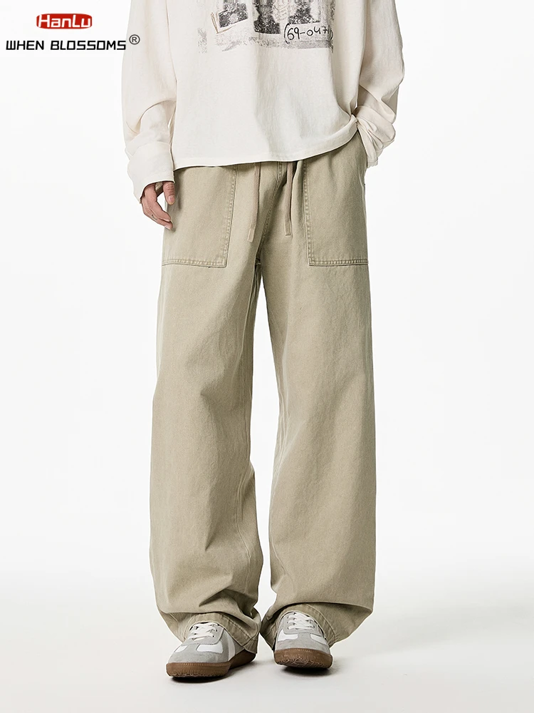 HANLU Spring Trend Cargo Pants fo Man Baggy Vintage High Quality Pure Cotton loose Casual Trousers Men's Wide leg Pants