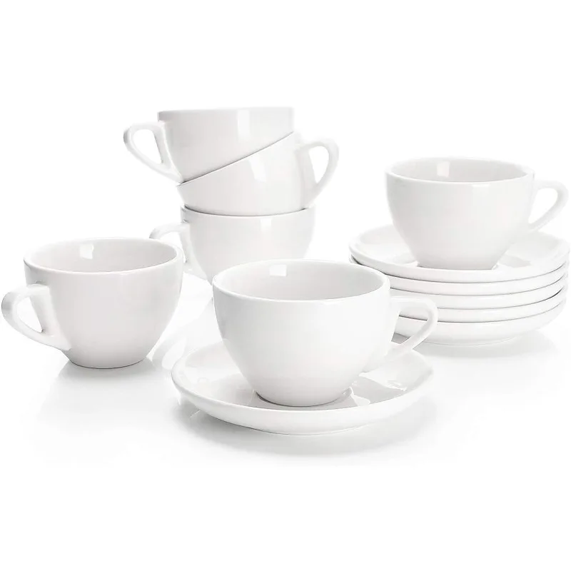 6 Ounce Cappuccino Cups with Saucers, Porcelain Double Espresso Cups Set of 6