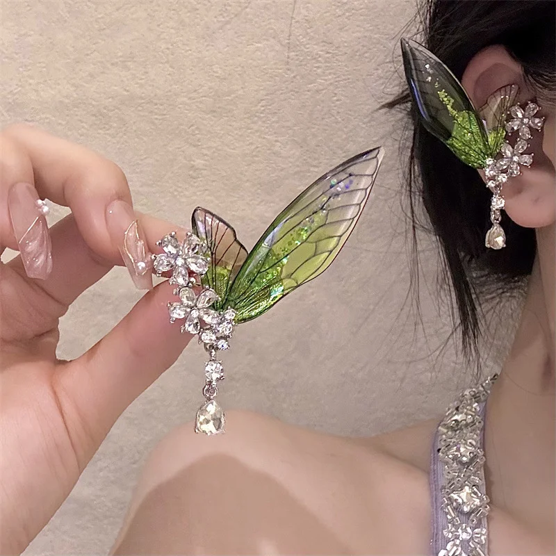 1 pair New Chinese style wing studded diamond flower earrings, super fairy forest retro ear bone clip earrings without ear holes