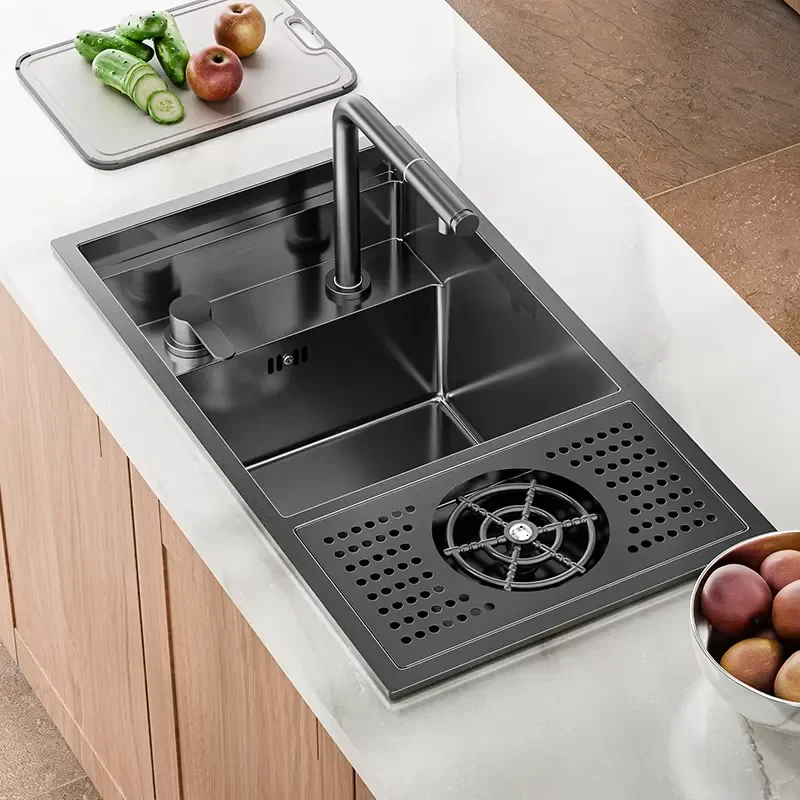 Hidden Bar Counter 4 Hole Single Sink Kitchen Set with Faucet Cup Washer 304 Stainless Steel PVD Black Undermount