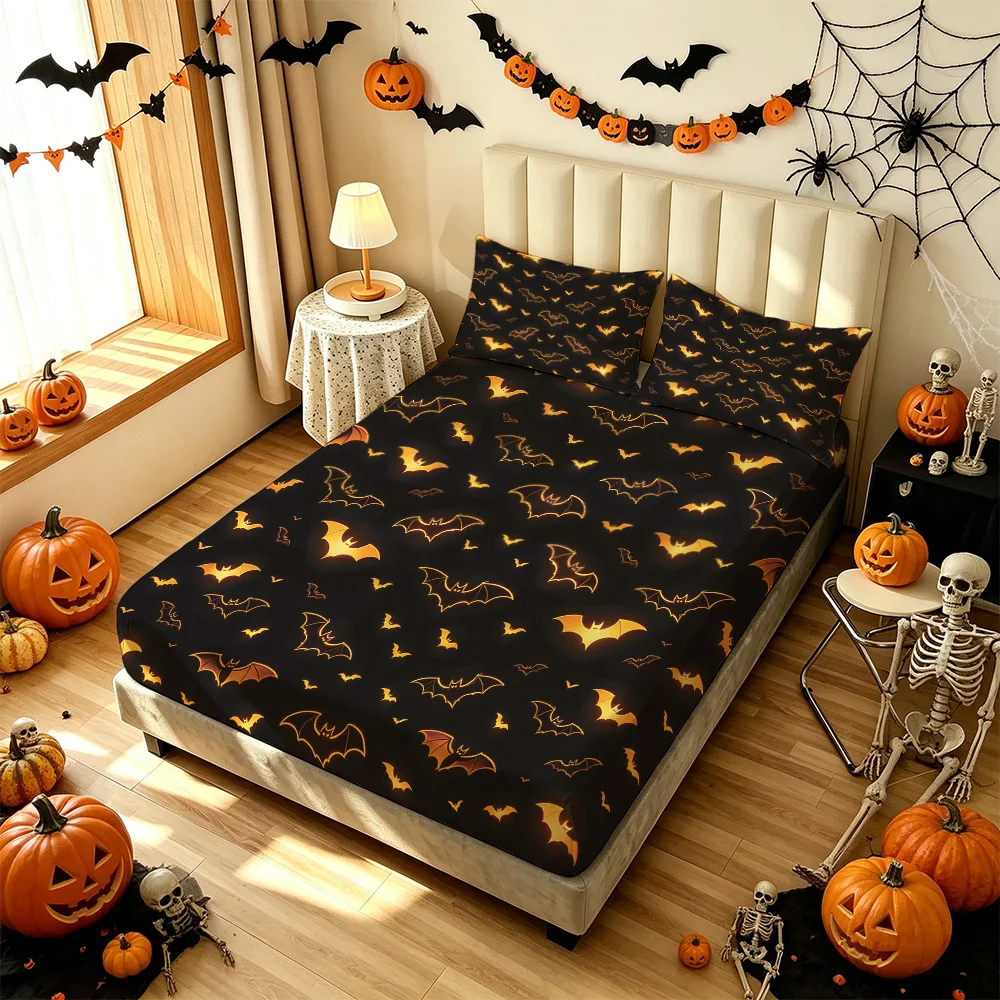 3Pcs Dark Night Glow Bat Print Bedding Set, 1 Duvet Cover 2 Pillowcases, No Inner Core, Machine Washable Soft Bed Linen For B
