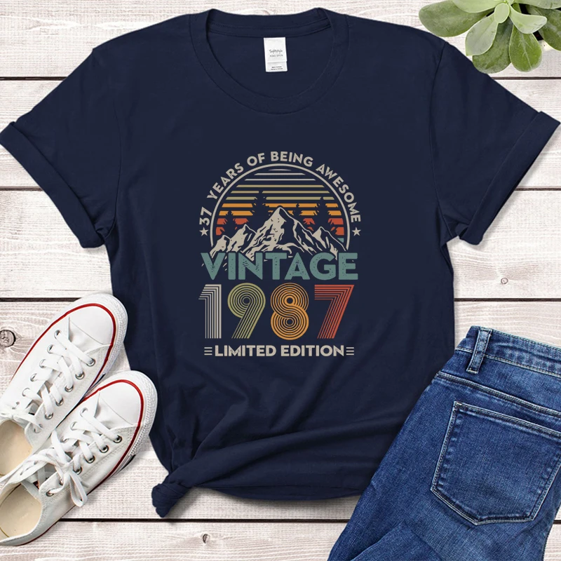 37 Years of Being Awesome Vintage 1987 Limited Edition Women T Shirt Cotton Retro 37th Old Birthday Clothes Mountains Top Tshirt