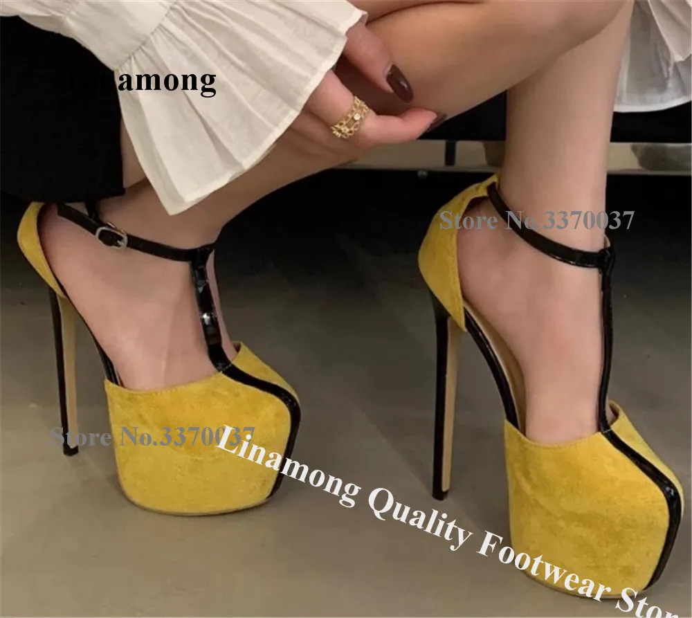 

Linamong Sexy Yellow Suede Patchwork Black Stiletto Heel Pumps Round Toe Ankle Strap High Platform Thin Heel Party Heels