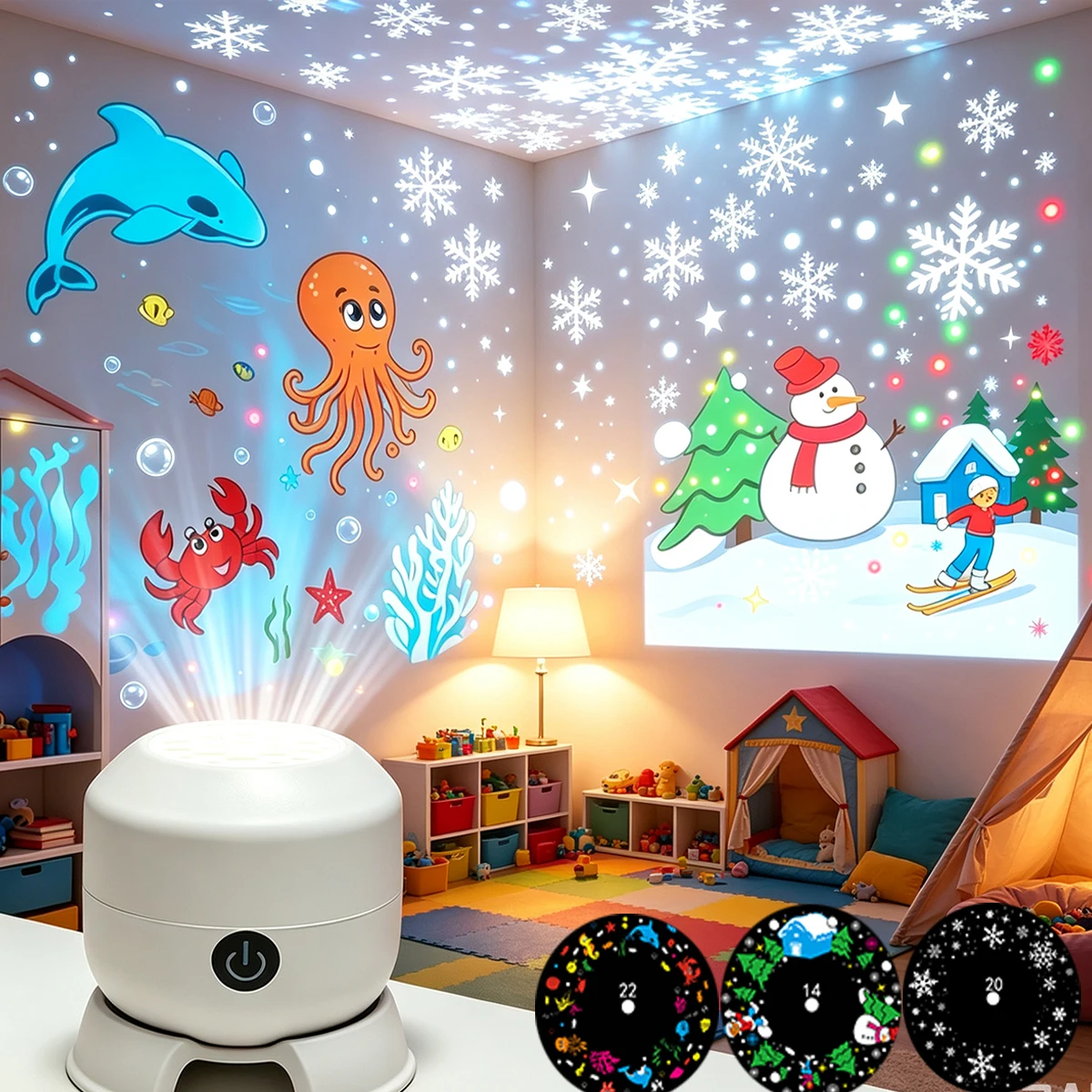 22 Patterns Projector Night Light USB LED Ambience Lamp Snow Ocean Christmas Theme for Bedroom Decor Night Light Kids Gift