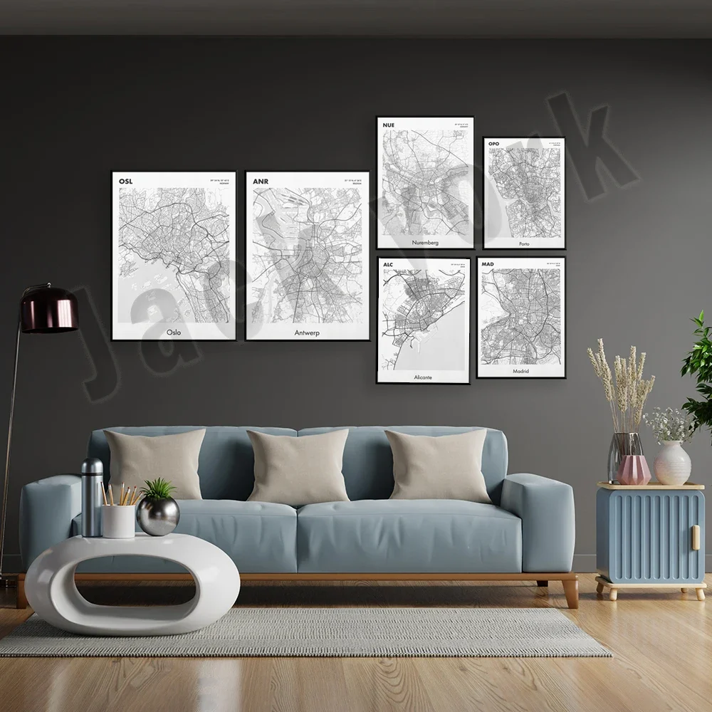 أوسلو النرويج، أليكانتي إسبانيا، لورونيا، سيبيو رومانيا، ألمانيا نوريمبرغ، ألمانيا ثيسالونيكي اليونان، بورتو البرتغال، ملصق خريطة مدريد