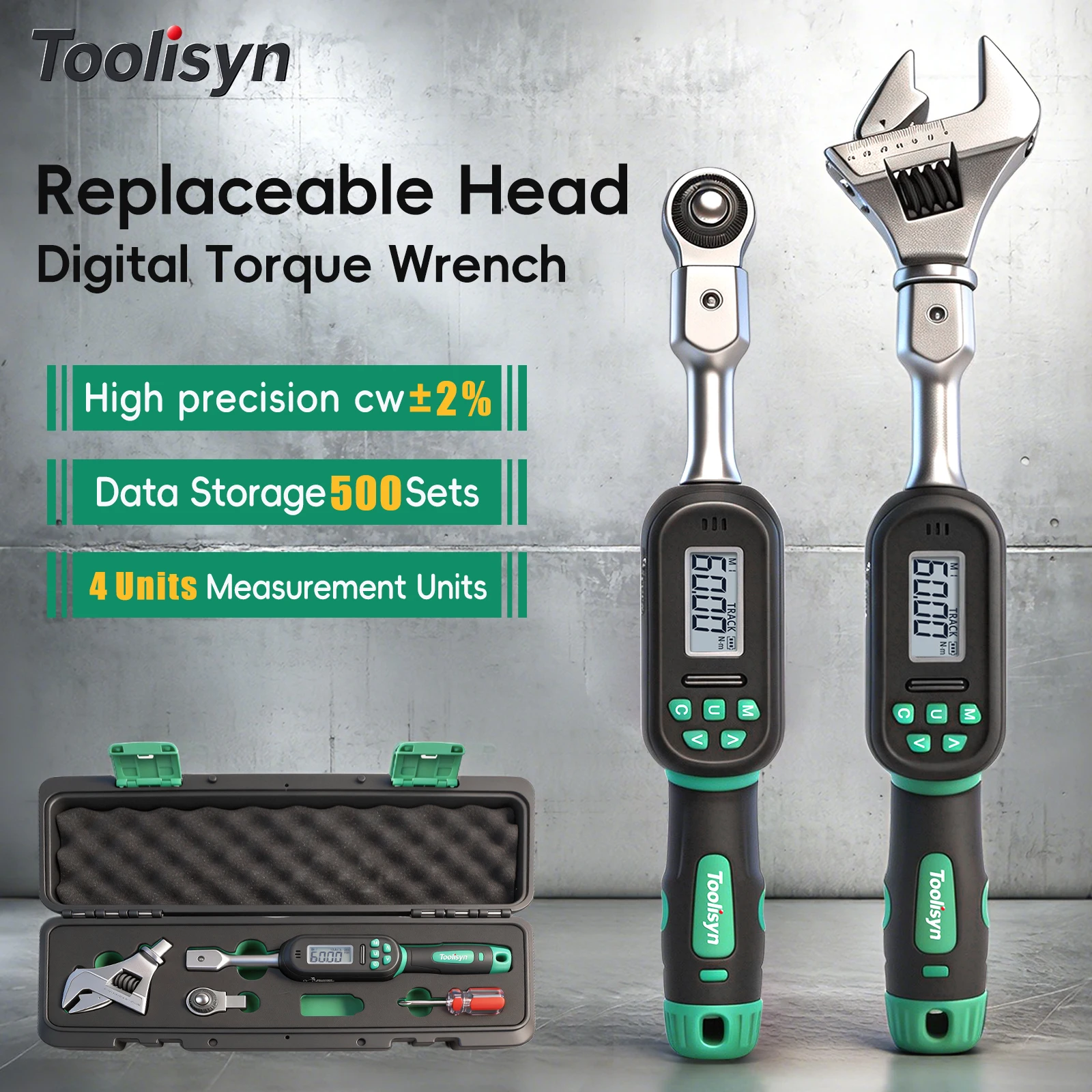 

Toolisyn Digital Torque Wrench with Interchangeable Head Ratchet Adjustable Jaw ±2% LED+Buzzer Short Handle 3-135Nm