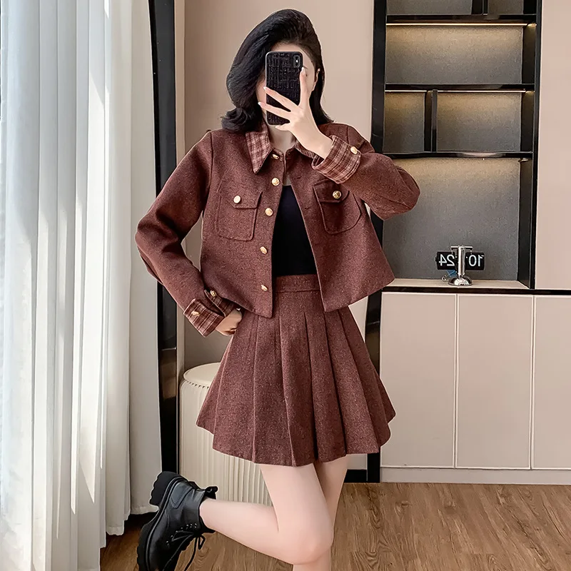 Spring Autumn Splicing Lattice Two Piece Set Women Single Breasted Pocket Jacket+High Waist Fold Mini Skirt Suit Female Outfit