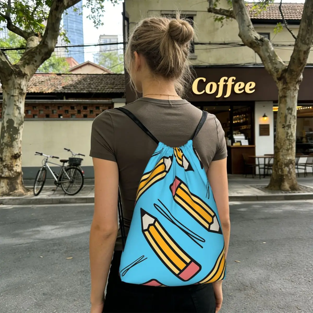 

Cartoon Pencil Pattern Backpacks Portable Drawstring Bags Sports Bag Book Bags for Man Woman Students