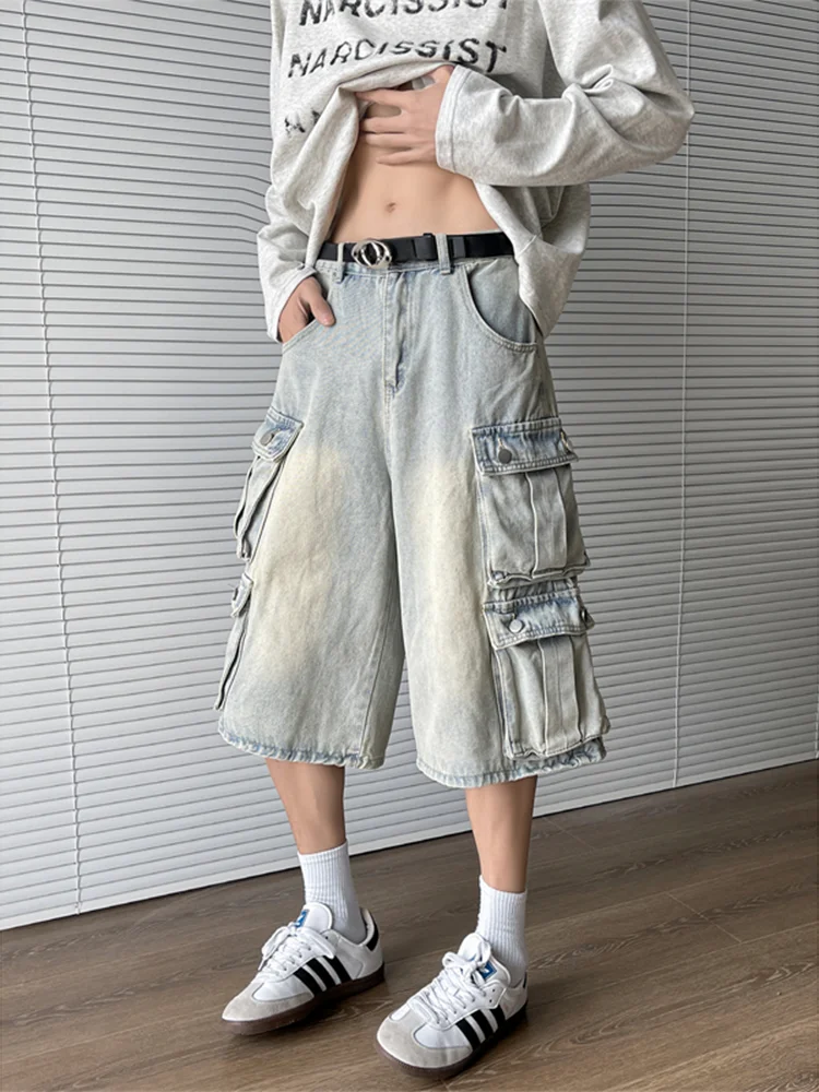 

Loose Wide Leg Seven-Foot Jeans Men's Vintage Multi-ket Design Workwear Denim orts Casual High Waist Trousers Summer