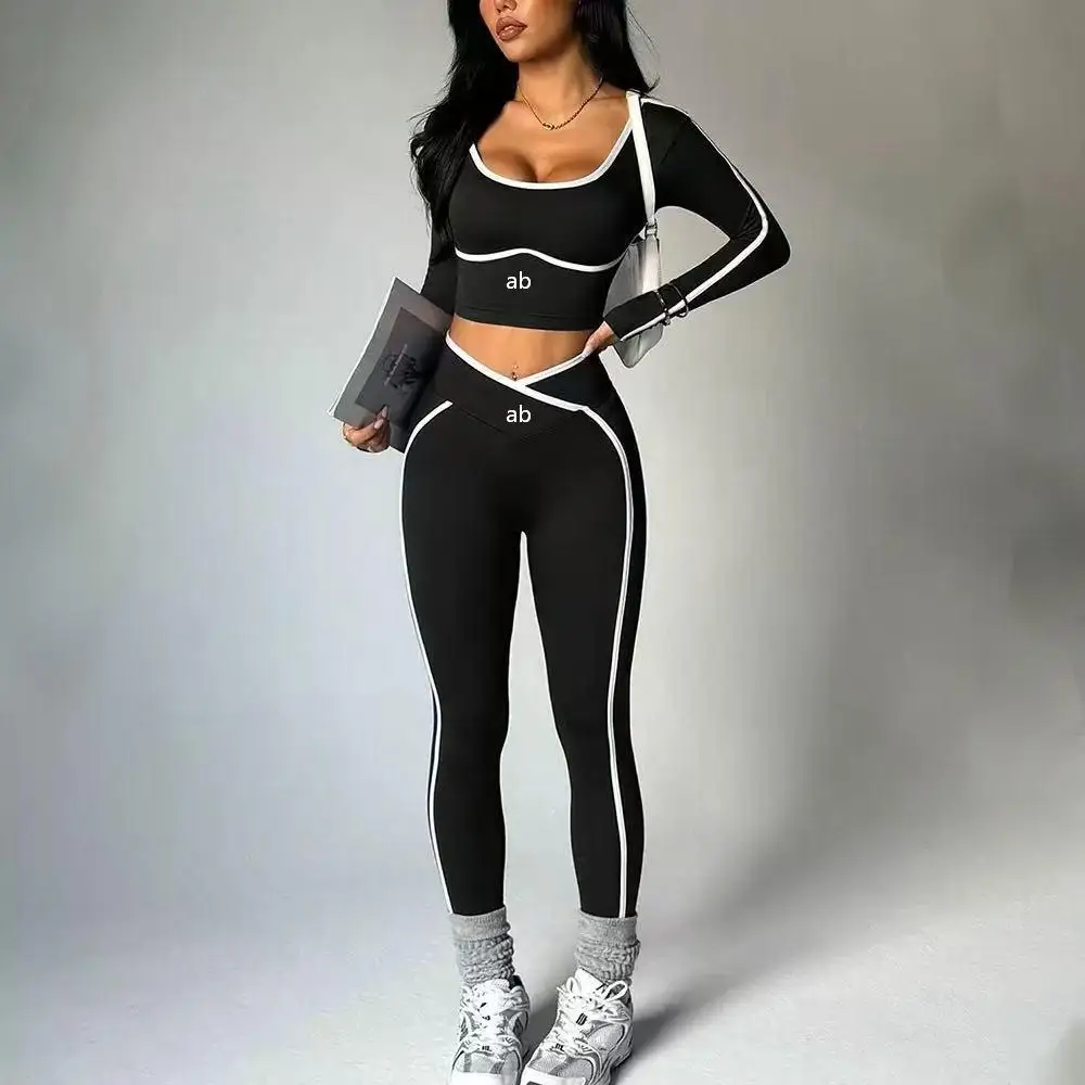 2026 Color-Contrast Yoga Set: High-Waisted, V-Neck Long Sleeve Tight Yoga Pants with Butt-Lifting Design