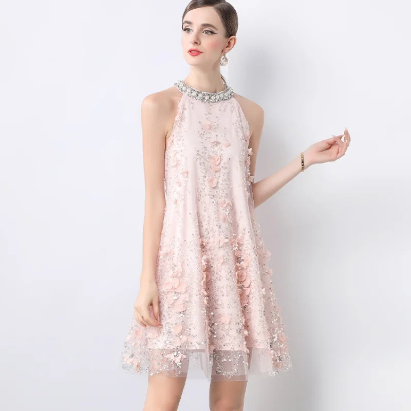 

Luxury Beaded Hanging Neck Sleeveless Party Dresses For Women French Vintage Sequin Three-Dimensional Flower Mesh A-line Dress
