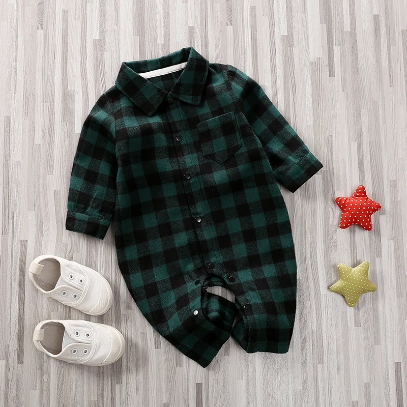 Spring and Autumn Long Sleeves Boys And Girls Literary Style Checkered Shirt Casual Comfortable Short Sleeve Baby Bodysuit