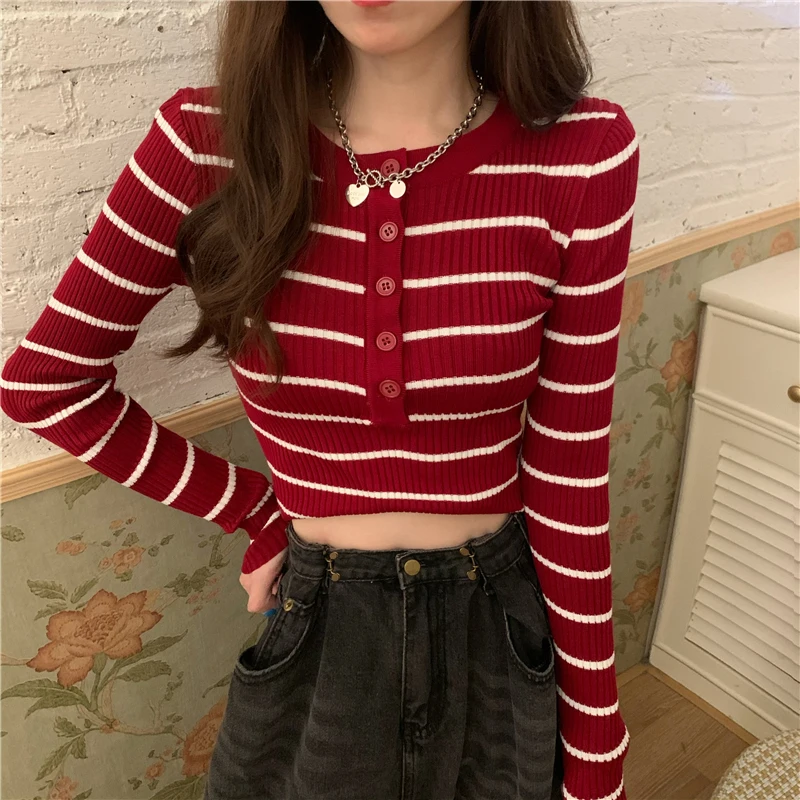 Y2k New Stripe Women T Shirts Korean Elegant Slim Long Sleeve Female Casual Tees Fashion Chic Knitted O Neck Ladies Tops